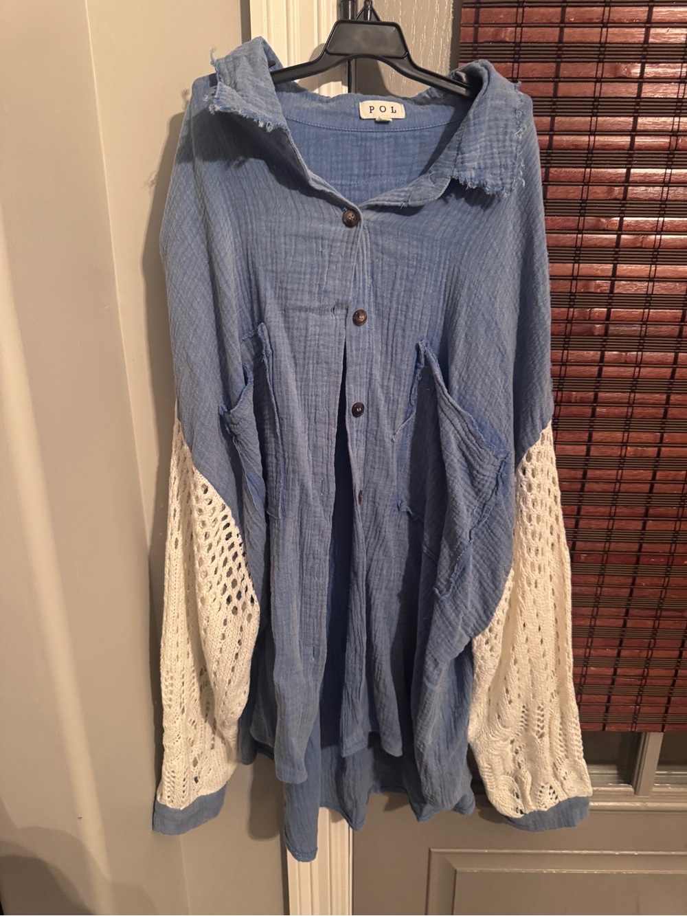 POL Light Blue Button-Front Shirt with White Crochet Sleeves